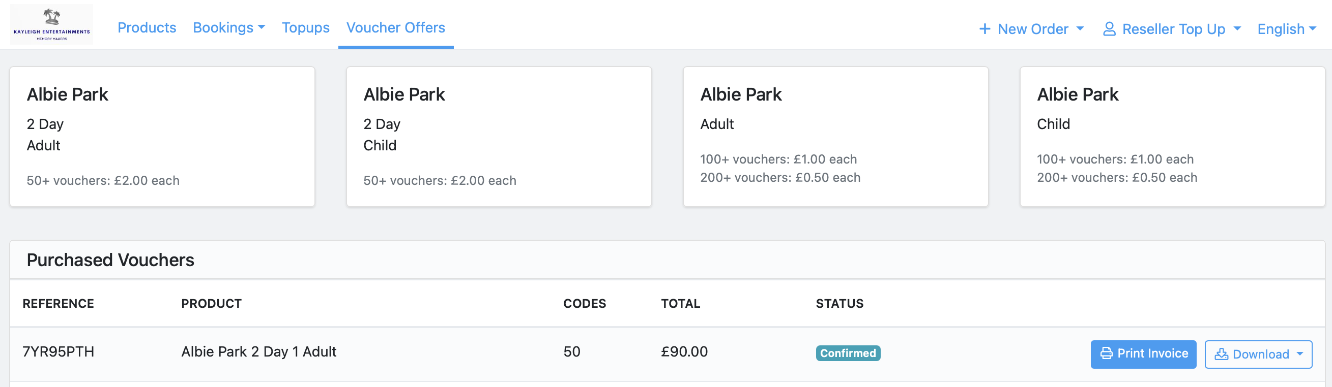 Reseller portal Voucher Offers tab showing pricing tier cards and a Purchased Vouchers table with reference, product, codes, total and status columns
