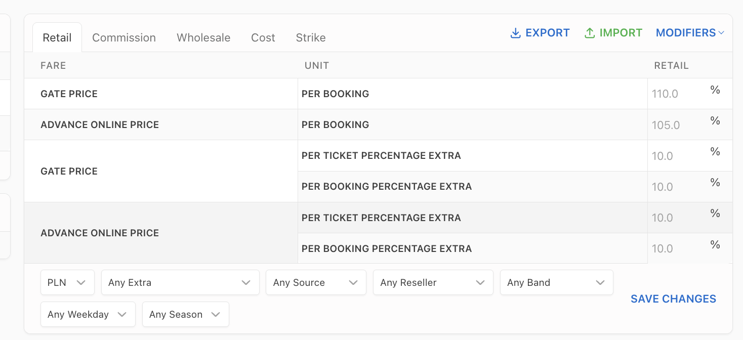 Pricing table showing fares and percentage extras entered as percentages, such as 110% and 10%