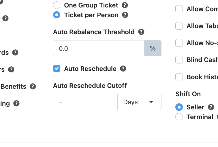 Location settings showing the Auto Reschedule checkbox and Auto Reschedule Cutoff duration field