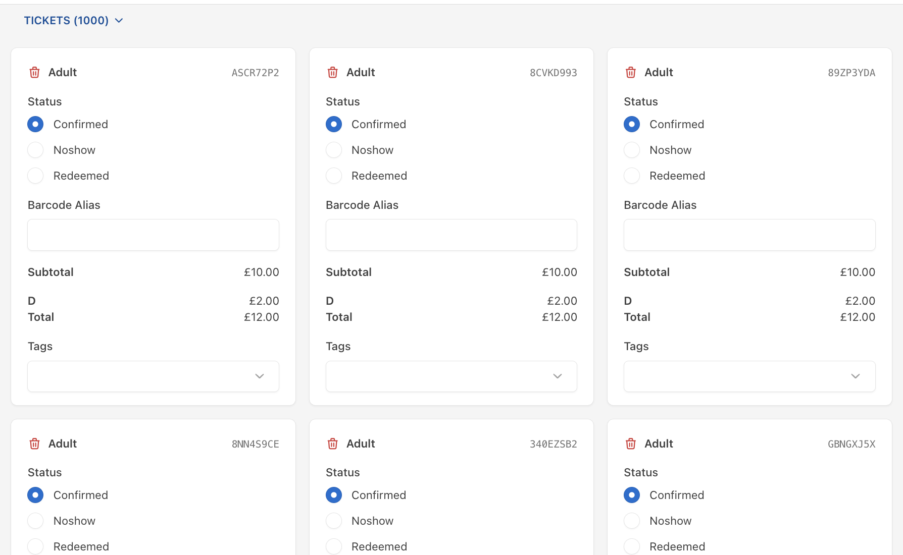Dashboard order form with the tickets section expanded, showing a card for each ticket with status, barcode alias, price breakdown and tags