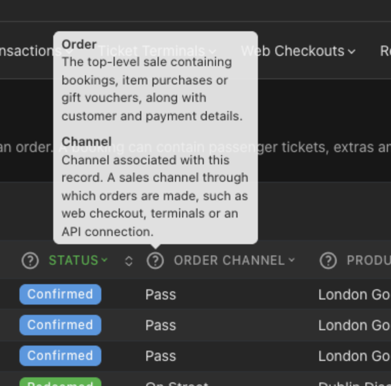 Dashboard Bookings table with a tooltip open on the Order Channel column header, describing the Order and Channel fields