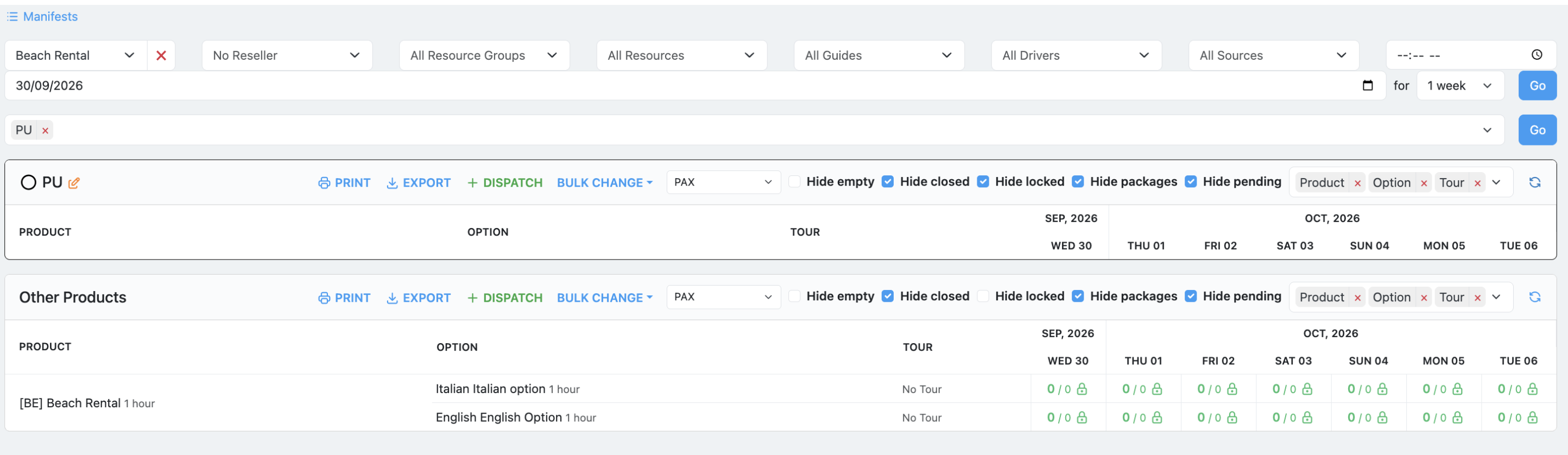 Calendar view controls with Hide locked ticked for one product group and unticked for another, showing locked rows only where unticked