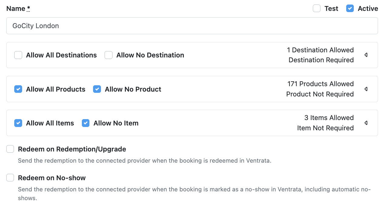 GoCity London connection settings showing the Redeem on Redemption/Upgrade and Redeem on No-show toggles
