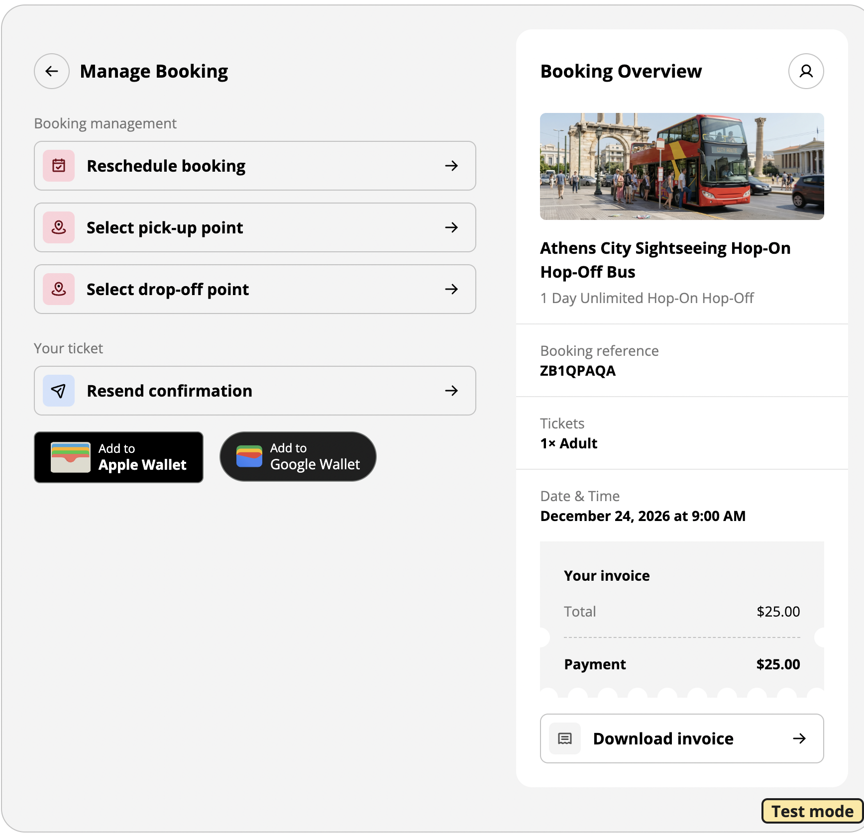 Manage Booking page with Select pick-up point and Select drop-off point options for a hop-on hop-off bus booking.