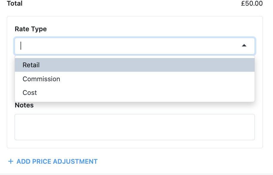 Price adjustment Rate Type dropdown open, showing Retail, Commission and Cost options