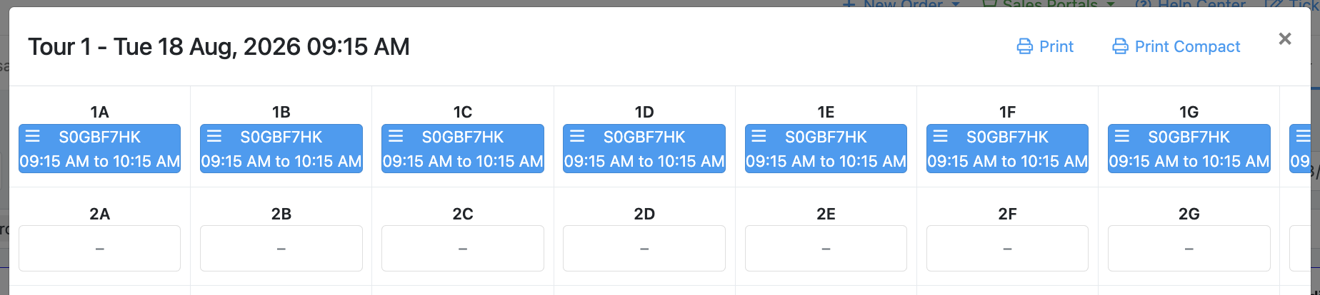 Seated resource plan modal for Tour 1, with Print and Print Compact buttons