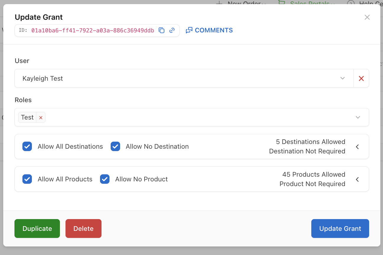 Update Grant form showing the User and Roles fields, with destination and product access options