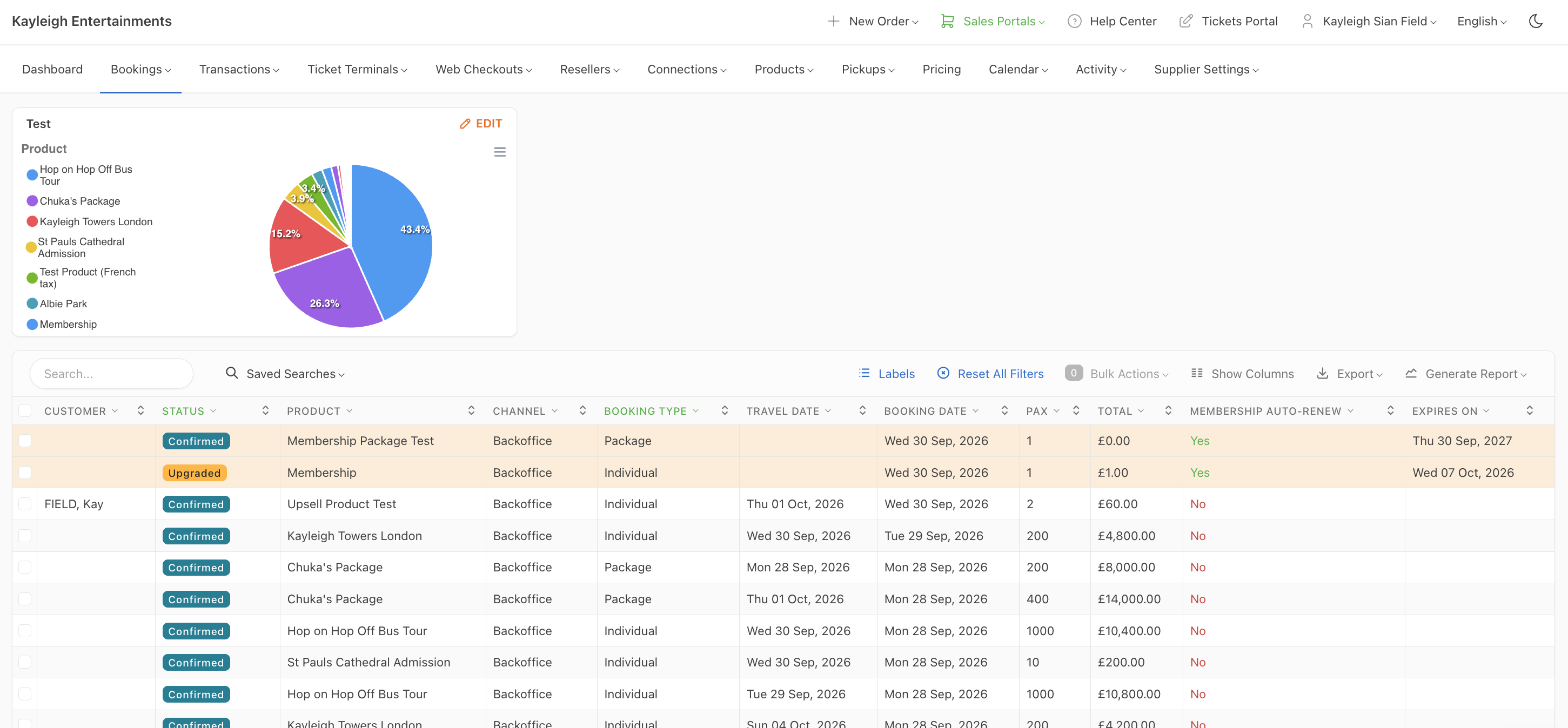 Bookings page with the new Tabler UI, showing the nav bar, a pie chart widget, and a bookings table