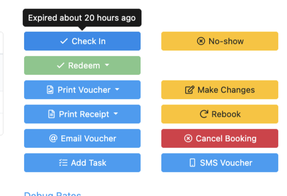 Booking actions showing Check In and Redeem buttons